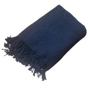 Roca Home Navy Blue Waffle Knit Blanket Throw Fringe Living Room Large 50”x67”